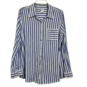 Nicole Miller‎ NY Blue White Stripe Linen Rayon Button Down Shirt  L Nautical